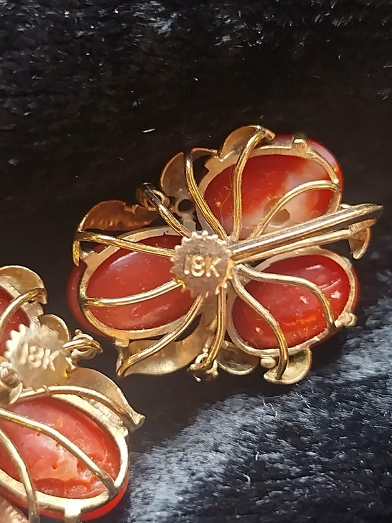 Vintage Oxblood Coral Diamond 18k Yellow Gold Ear… - image 3