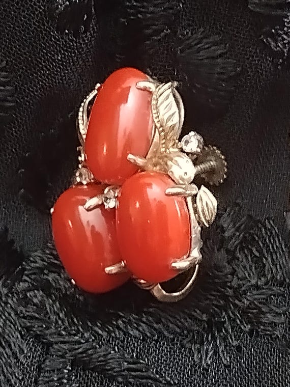 Vintage Oxblood Coral Diamond 18k Yellow Gold Ear… - image 2