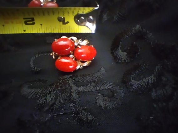 Vintage Oxblood Coral Diamond 18k Yellow Gold Ear… - image 4