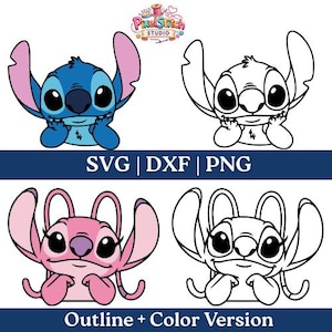 May include: Digital art featuring four images of the character Stitch and Angel from Lilo & Stitch. Two are in color, blue and pink, and two are black and white outlines. The text "SVG | DXF | PNG" and "Outline + Color Version" are included.