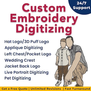 Può includere: Immagine che promuove servizi di digitalizzazione di ricami personalizzati. Il testo include "Custom Embroidery Digitizing" e un elenco di servizi. Un grafico mostra un padre e un figlio.