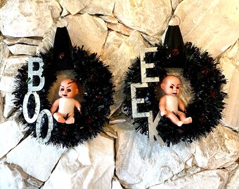 Halloween BOO and EEK Evil Twins Dead Baby Dolls Wreaths (set of 2)