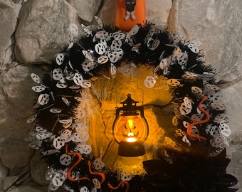 Halloween Light Up Lantern Wreath with Jack-O-Lantern, Snakes, and Skulls