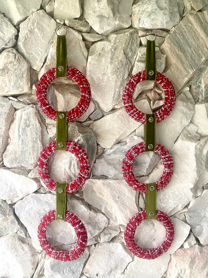 Christmas Red & Green Tweed, Gems, and Velvet Wreaths Trios set of 2 image 1