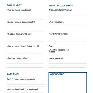 May include: A white planning worksheet titled EXECUTE STOP PLANNING, START DOING. Sections include MAIN GOAL, GOAL CLARITY, WHEN I FALL OF TRACK, DAILY PLAN, and VISIONBOARD. The layout features blue text headers and blank lines for written responses.