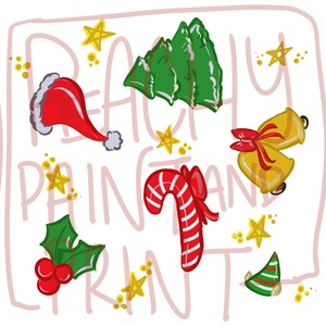 May include: A festive illustration featuring Christmas-themed elements. Includes a red Santa hat, green Christmas tree, candy cane, holly with red berries, golden bells with red bows, and yellow stars. The words "BEACHY PRINT" are written in pink.