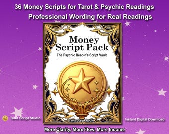 May include: A digital graphic with the text "36 Money Scripts for Tarot & Psychic Readings" and "Money Script Pack." The design features a gold coin with a star and decorative flourishes on a purple background with stars.
