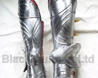 Middeleeuwse stalen krijger gotisch beenpantser | Stalen kanen en kniebescherming voor LARP | Functioneel ridderbeenpantser voor cosplay en kostuums