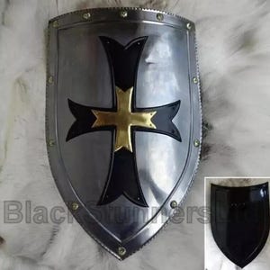 Crusader Shield With Black Cross | Medieval Knight Battle Shield LARP Combat Warrior Shield | Steel Cosplay Costume Shield For Role Play