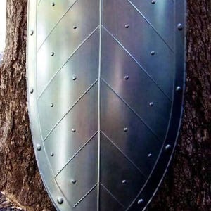 Scudo con motivo a foglia da cavaliere medievale / Scudo in acciaio a punta autentico per LARP e Cosplay / Scudo in acciaio con motivo a foglia medievale