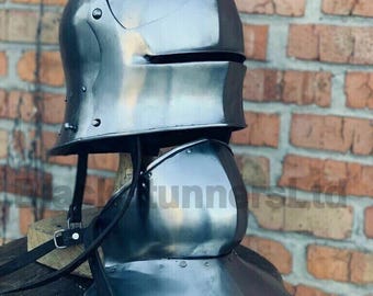 German Gothic Sallet Helmet With Bevor | 15th Century Medieval Helmet | LARP Warrior Cosplay Helmet With Bevor | Hand Forged Gothic Helmet