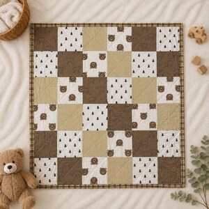 Rustic Bear Patchwork Quilt, Woodland Nursery Decor,  Crib Blanket, Baby Quilt