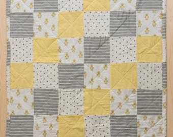 Edredón infantil de retazos unisex, ropa de cama infantil con patitos amarillos y grises, regalo para baby shower