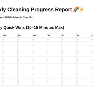 May include: A white printable weekly cleaning progress report for single parents with ADHD. The report includes a checklist for daily tasks like making beds, wiping counters, and doing a happy thing. The title includes a rainbow and star emoji.