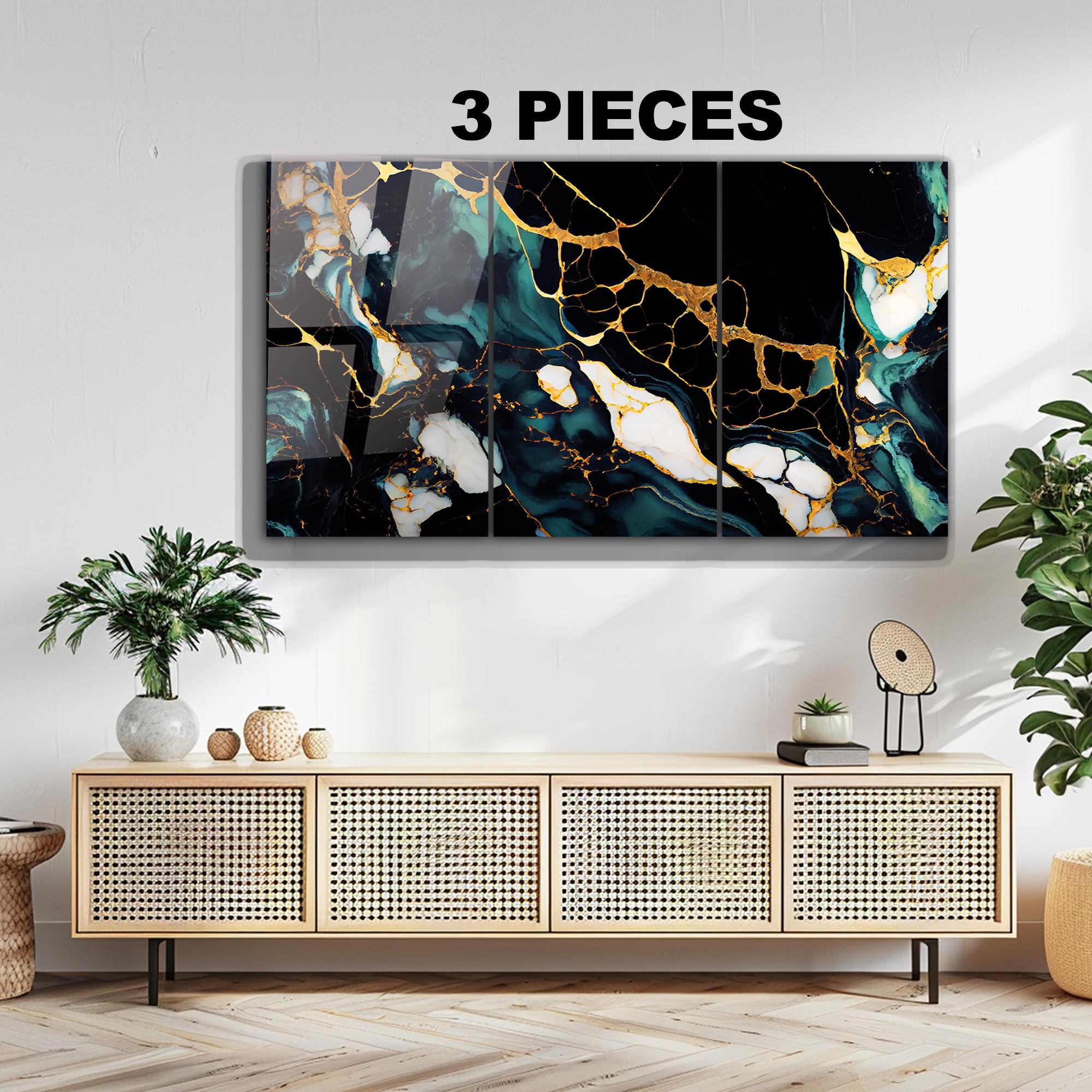Luxury Black Gold Marble Glass Wall Art, Modern Emerald Veined Tempered ...