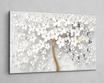 Large Panoramic Glass Wall Clock, 110x50 cm 3D White Flowers Tree of Life, Modern Tempered Glass Decor, Silent Mechanism Luxury Home Gift