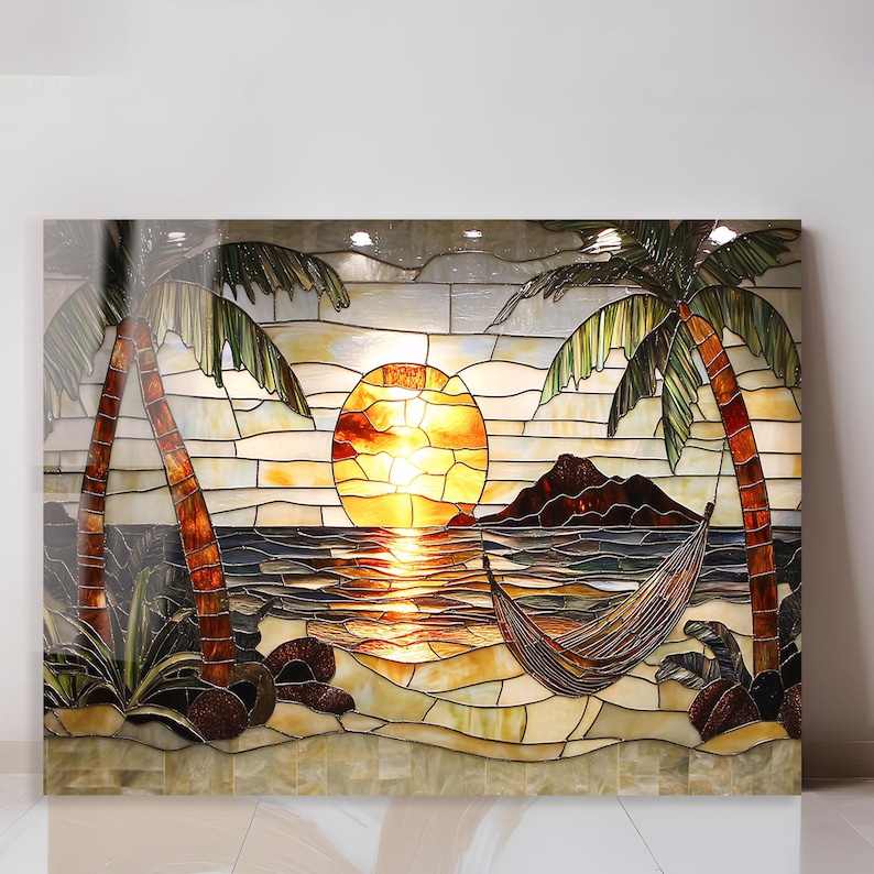 Stained Glass Beach Sunset Wall Art, Tropical Palm Tree Decor, Luxury ...