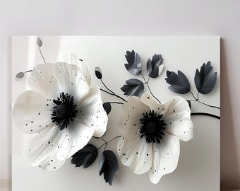 Minimalist Black and White Floral Glass Wall Art, Elegant Poppy Tempered GlassArt, Modern Monochromatic Botanical Glass Printing