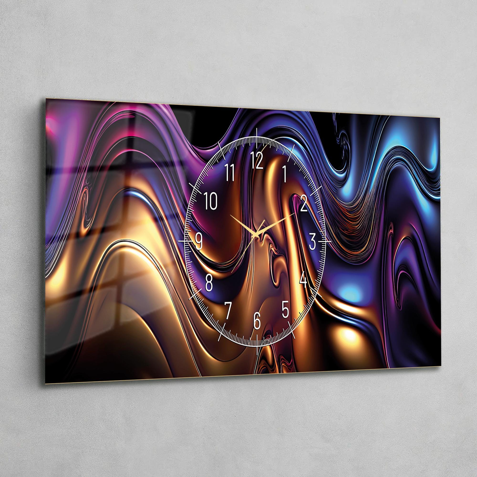 Large Panoramic Glass Wall Clock, 110x50 Cm Abstract Fluid Neon