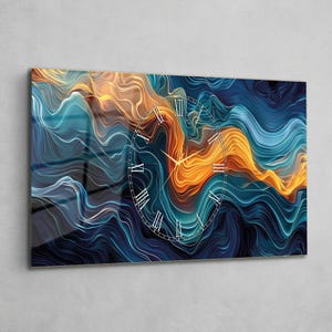 May include: Abstract wall clock with a swirling design in blue, orange, and gold. The clock face has Roman numerals and gold hands. The clock is rectangular and mounted on a light grey wall.