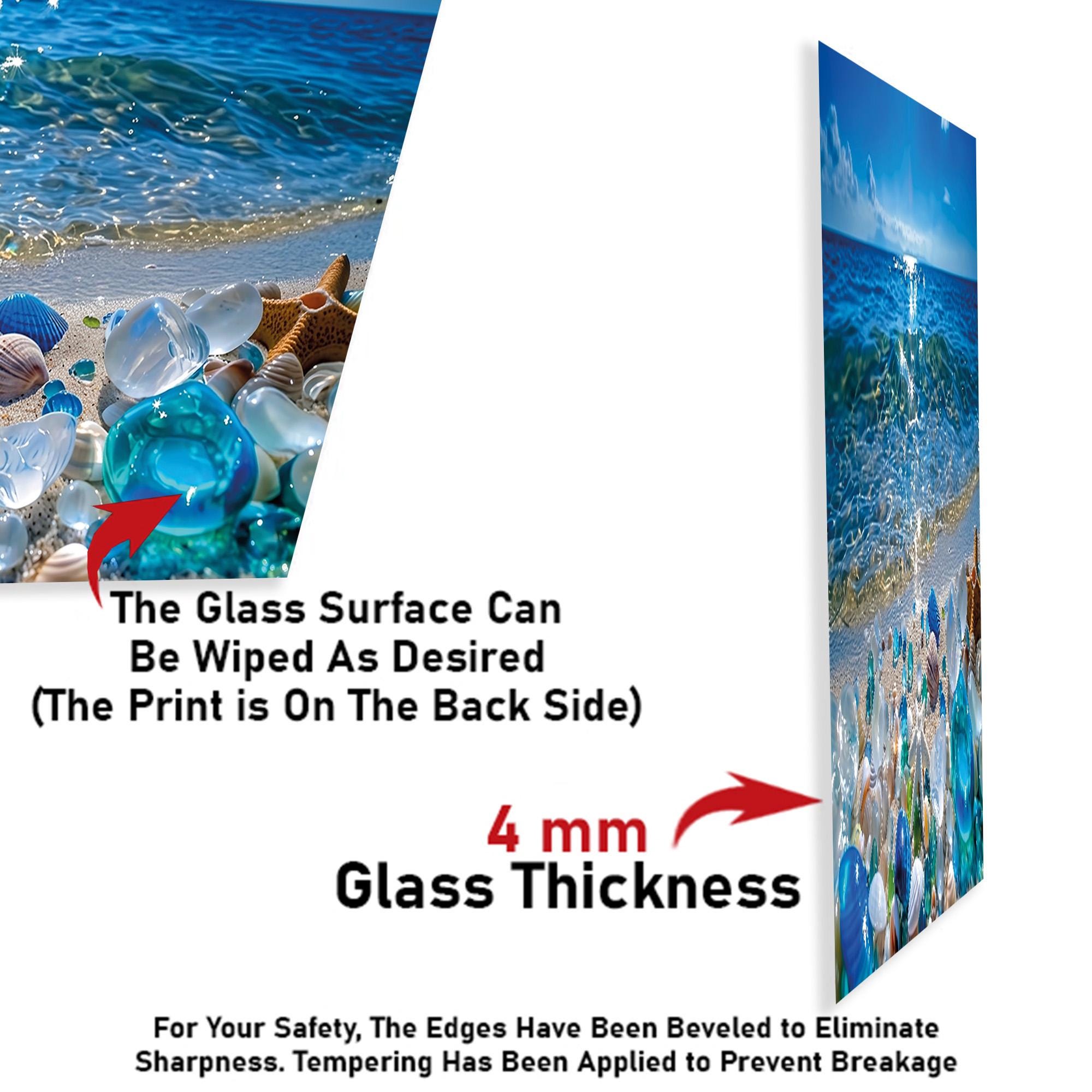 Ocean Beach Glass Wall Art, Horizontal Tempered Glass Print, Sea Shells ...