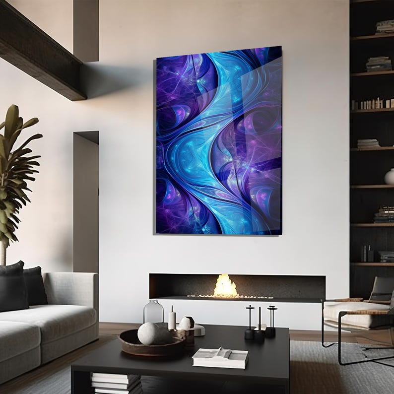 May include: Abstract wall art with a dynamic design in blue and purple hues. The artwork presents flowing, organic forms with a glossy finish, offering a contemporary aesthetic. It's mounted on a white wall, accentuating its visual appeal. The artwork is a decorative piece.