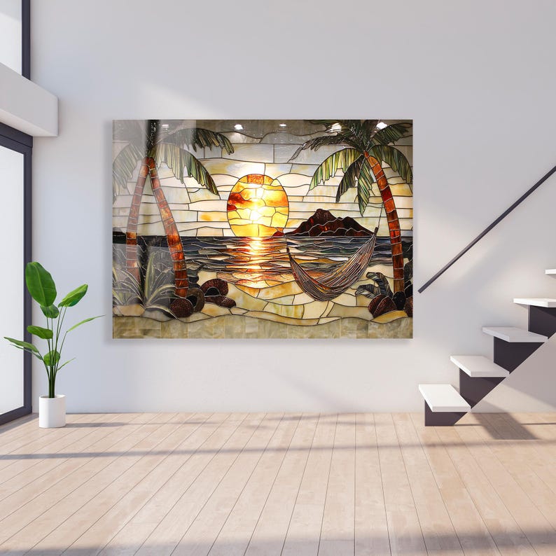 Stained Glass Beach Sunset Wall Art, Tropical Palm Tree Decor, Luxury ...