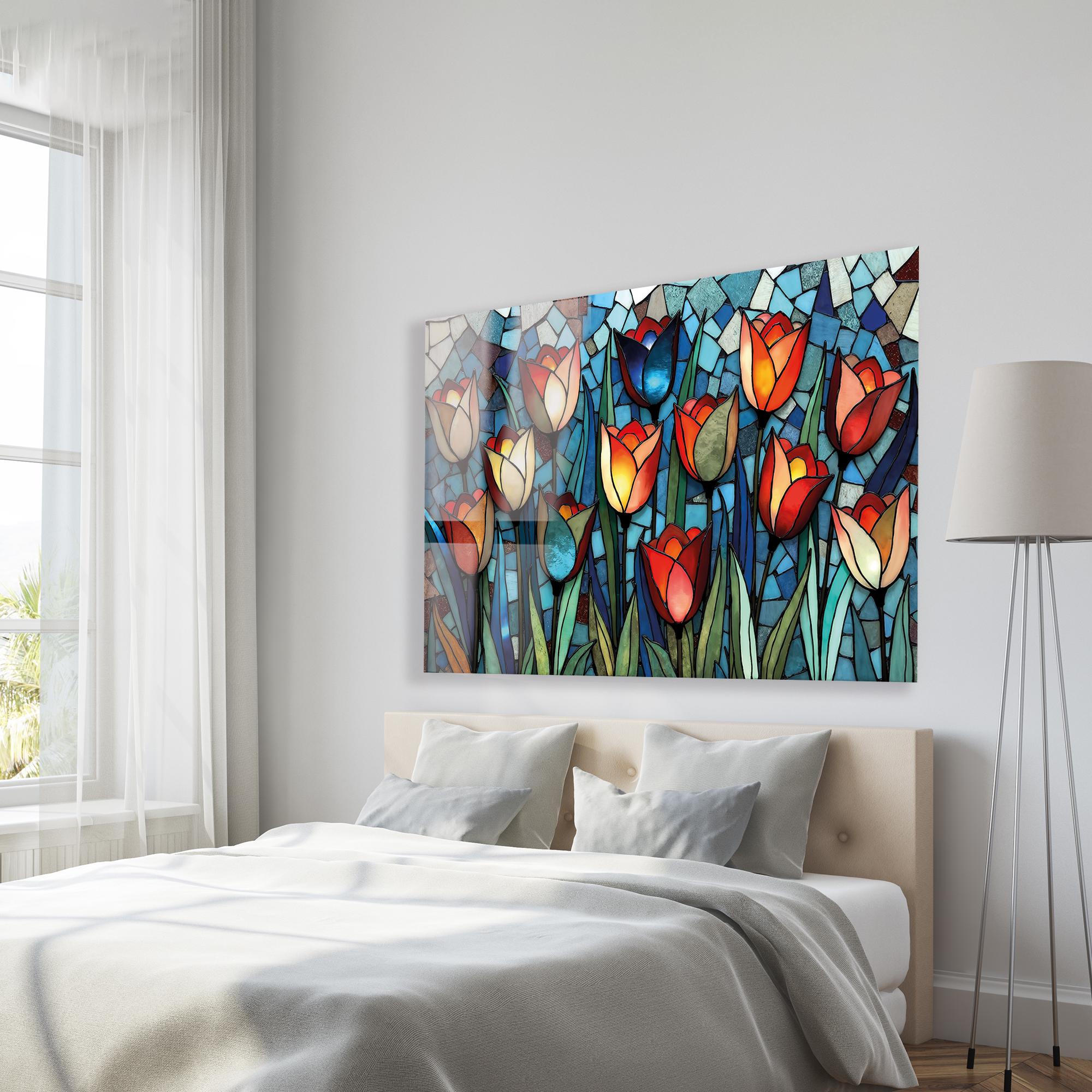 Tempered Glass Wall Art Tulip Flowers, Stained Glass Floral Decor ...