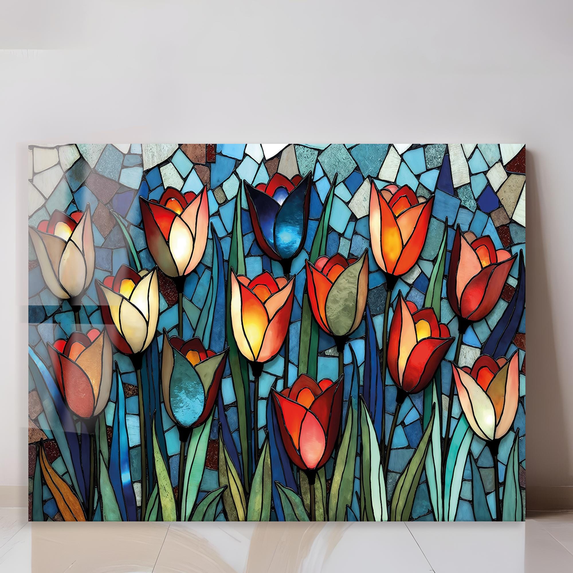 Tempered Glass Wall Art Tulip Flowers, Stained Glass Floral Decor ...