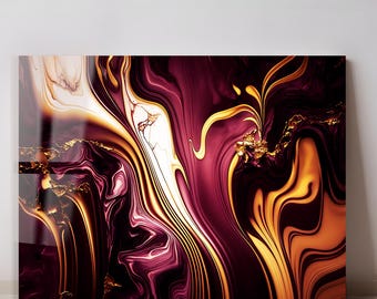 Tempered Glass Wall Art Burgundy Gold Abstract Marble Design, Luxury Modern Glass Wall Decor, Elegant Statement Art