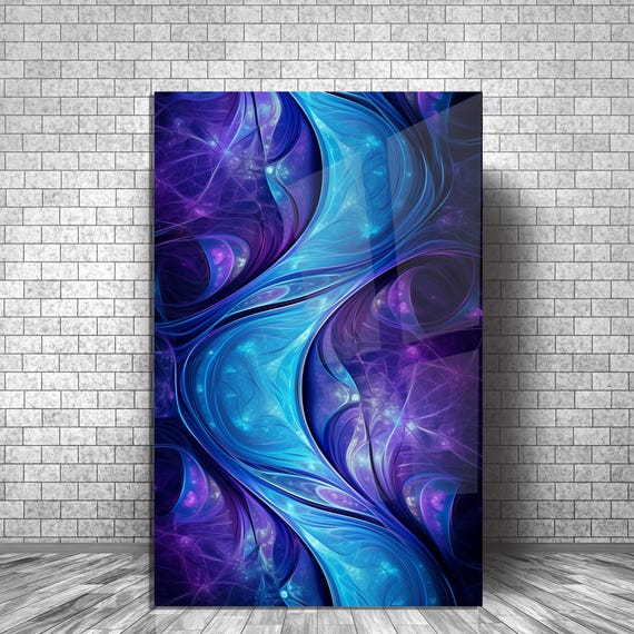 Abstract Blue Purple Glass Wall Art – 4mm Tempered Glass UV Print, Modern Luxury Wall Decor, Large Vertical Art Panel