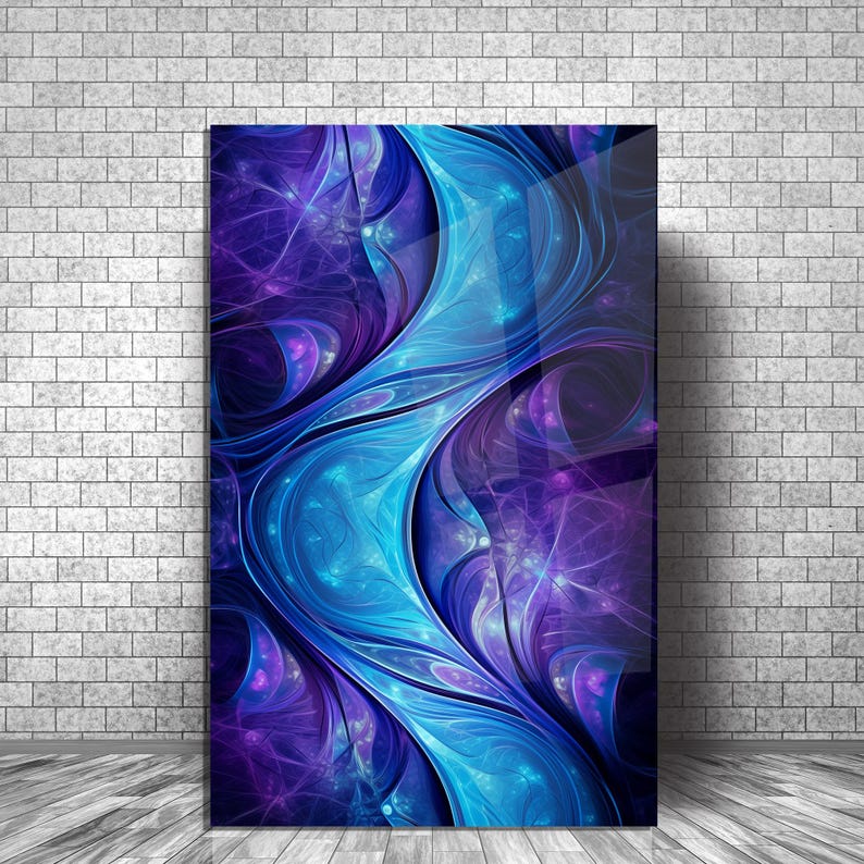 May include: Abstract art print with a flowing design in shades of blue and purple. The artwork has a glossy finish and is displayed against a white brick wall. The design has a fractal-like appearance with swirling patterns.