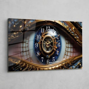 Puede incluir: Un cuadro rectangular que muestra un primer plano surrealista de un ojo humano donde el iris es reemplazado por una esfera de reloj mecánico. El reloj tiene engranajes dorados, números blancos y manecillas doradas sobre un fondo azul profundo.
