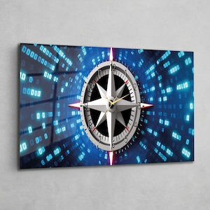 May include: A rectangular wall clock featuring a central silver compass rose design with black and white accents. The clock face is set against a vibrant blue background filled with glowing light blue binary code digits and a digital tunnel effect.