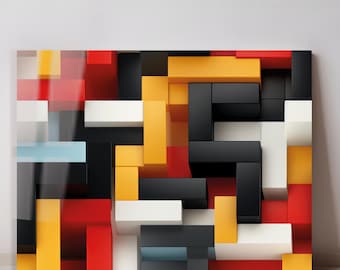 Tempered Glass Wall Art Geometric Abstract, Modern Color Block Glass Wall Decor, Contemporary Luxury Home Art