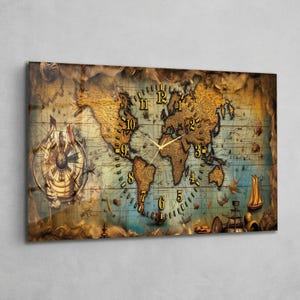 May include: A rectangular wall clock featuring a world map design with a vintage aesthetic. The clock face is integrated into the map, with gold-colored numerals and hands. The color palette includes shades of brown, blue, and gold, with nautical elements.