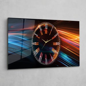 Blue and Orange Light Glass Wall Clock, Abstract Motion Art, Large Silent Clock, Modern Living Room Decor, Non Ticking Tempered Glass Clock