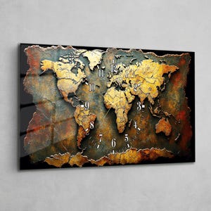 Extra Large Glass Wall Clock, 43x20" Antique Gold World Map Art, Silent Modern Glass Clock, Oversized Luxury Rustic Office Decor Gift