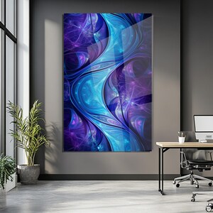 May include: Abstract art print with a dynamic design in blue and purple hues. The artwork showcases a flowing, organic pattern with swirling lines and a glossy finish. The piece is displayed on a grey wall in a modern office setting.