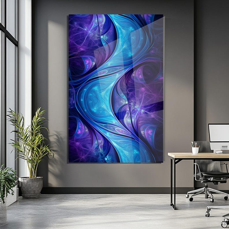 May include: Abstract art print with a dynamic design in blue and purple hues. The artwork showcases a flowing, organic pattern with swirling lines and a glossy finish. The piece is displayed on a grey wall in a modern office setting.