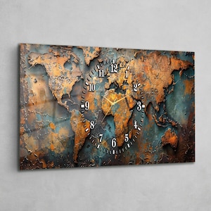 May include: A rectangular wall clock featuring a world map design. The clock face is a circular design with black numbers and gold hands. The map has a textured, weathered appearance with shades of brown, orange, and blue.