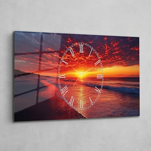 May include: A rectangular wall art piece featuring a vibrant sunset over the ocean. A white clock face with Roman numerals is superimposed over the image. The sky is a fiery mix of red, orange, and yellow.