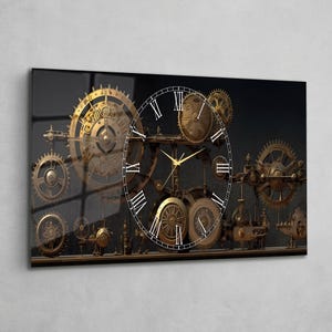May include: Steampunk-style wall clock featuring intricate golden gears and a clock face with Roman numerals. The clock has a dark background and is mounted on a wall. The gears are of varying sizes and are arranged in a complex, artistic design.