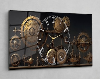 Extra Large Glass Wall Clock, 43x20" Steampunk Gear Art, Silent Modern Glass Clock, Oversized Luxury Industrial Wall Decor Gift
