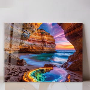 Quadro in vetro temperato con grotta marina, stampa su vetro con paesaggio mistico geode di cristallo, grande decorazione orizzontale da parete per salone sulla spiaggia con galassia.