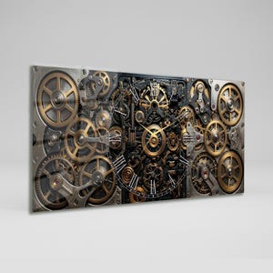May include: A rectangular wall art piece featuring a detailed steampunk clock design. The artwork showcases a complex arrangement of gears, cogs, and clock hands in metallic gold, silver, and black tones, creating a mechanical aesthetic.