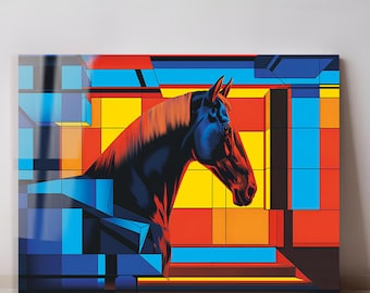 Tempered Glass Wall Art Horse Abstract, Modern Animal Glass Print, Geometric Horse Artwork, Luxury Glass Wall Decor