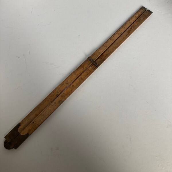 Vintage Measuring Stick Box Wood and Brass Folding 3ft Ruler Made in England