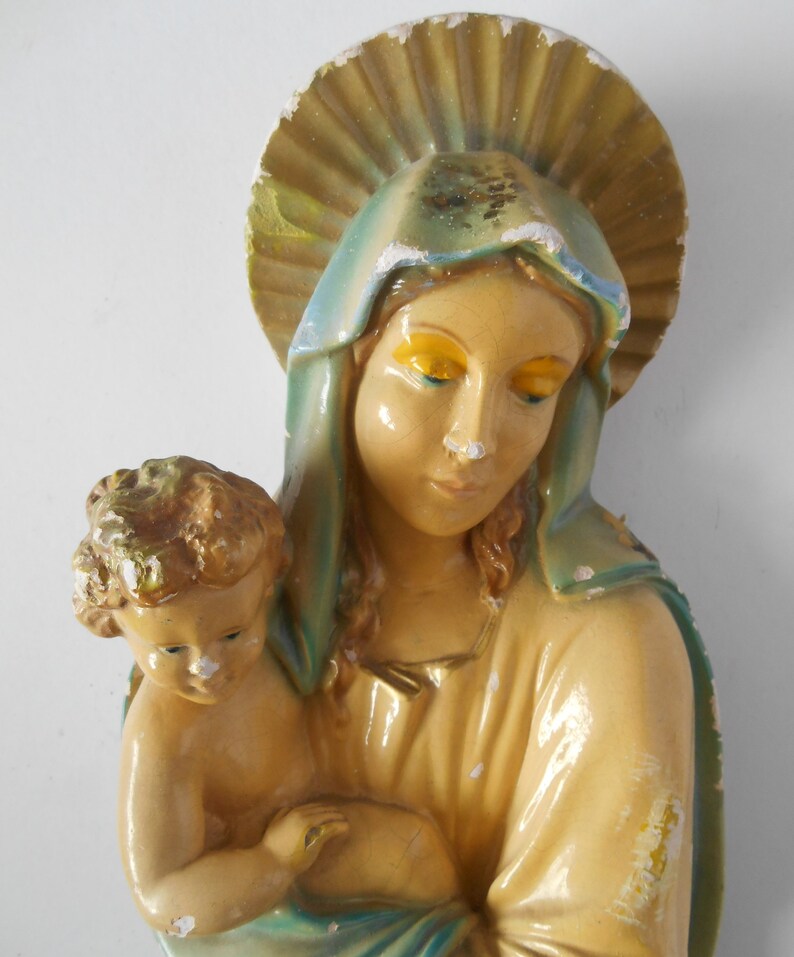Vintage Ceramic Mary and Jesus Religious Figure Wall Hanging