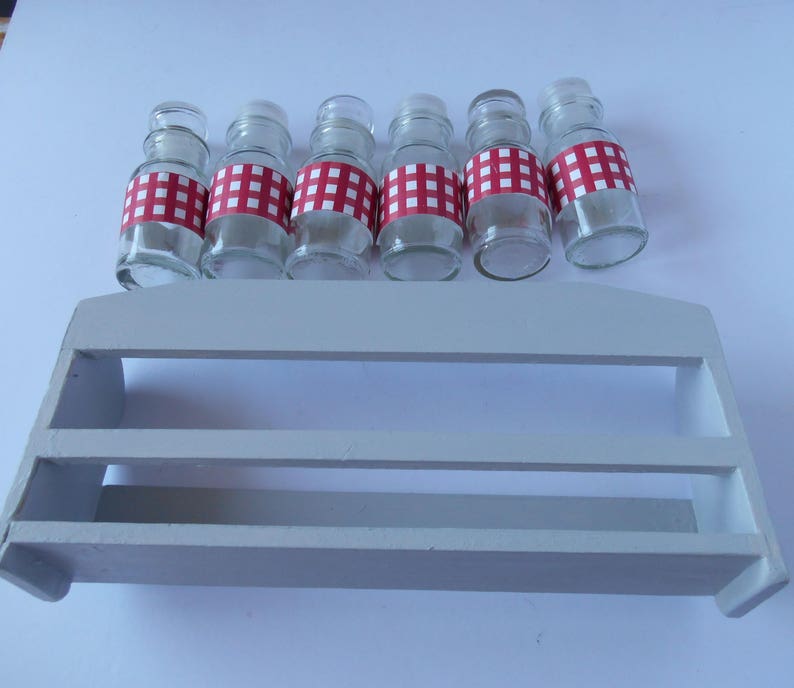 Storage Bottles Rack Red Check Grey  Buttons Bits Craft food salt pepper Herbs and Spices Shelf